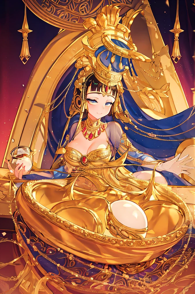 Illustrate Cleopatra at a lavish banquet in an ancient Egyptian palace. She is holding a goblet of wine and about to drop a large pearl into it. Cleopatra wears a magnificent dress and exquisite jewelry, with an expression of confidence and grandeur. The banquet table is laden with luxurious food and ornate decorations,