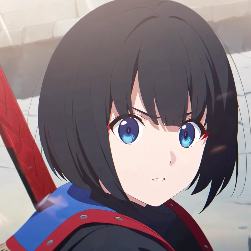 girl, anime, warrior, short hair with red and blue lines, pretty eyes, black hair, full leather, YOUNG, with a fringe in front 