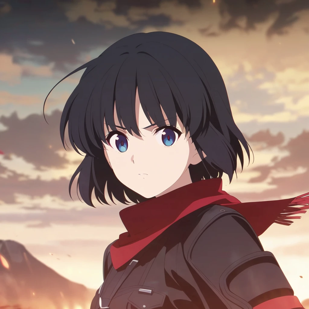 girl, anime, warrior, short hair with red and blue lines, pretty eyes, black hair, full leather, YOUNG, with a fringe in front 