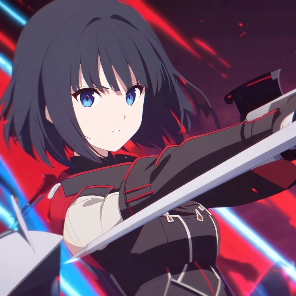 girl, anime, warrior, short hair with red and blue lines, pretty eyes, black hair, full leather, YOUNG, with a fringe in front