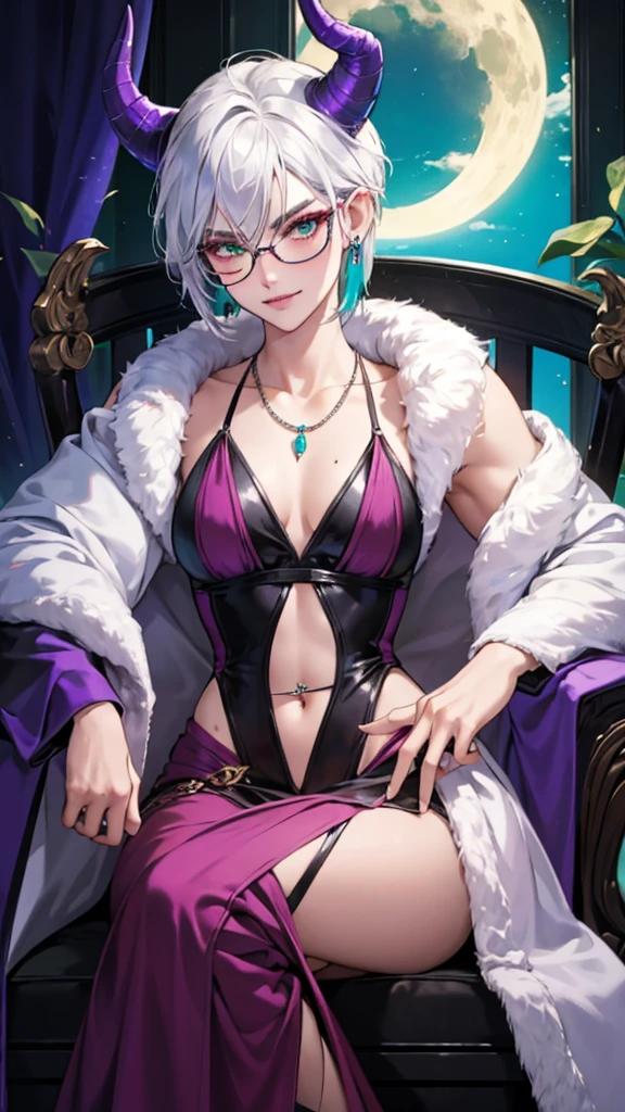 8k, masterpiece, best quality, highly detailed, 1 girl, tiefling, warlock, multicolored hair, very short straight hair green highlight hair on white hair, strippled hair, wearing glasses, round glasses, earrings, red eyeshadow, long eyelashes,navel piercing, blushed cheek, necklace, collarbone, mole, glamorous, purple and teal clothing, villainy, smirk, seductive face, close up view, rings, looking at viewer, demon horns, solo, royal dress, fur coat, palace, blue pale moon, sitting on throne