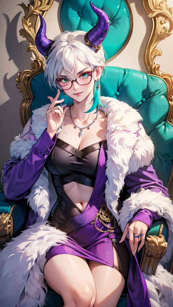 8k, masterpiece, best quality, highly detailed, 1 girl, tiefling, warlock, multicolored hair, very short straight hair green highlight hair on white hair, strippled hair, wearing glasses, round glasses, earrings, red eyeshadow, long eyelashes,navel piercing, blushed cheek, necklace, collarbone, mole, glamorous, purple and teal clothing, villainy, smirk, seductive face, close up view, rings, looking at viewer, demon horns, solo, royal dress, fur coat, palace, blue pale moon, sitting on throne