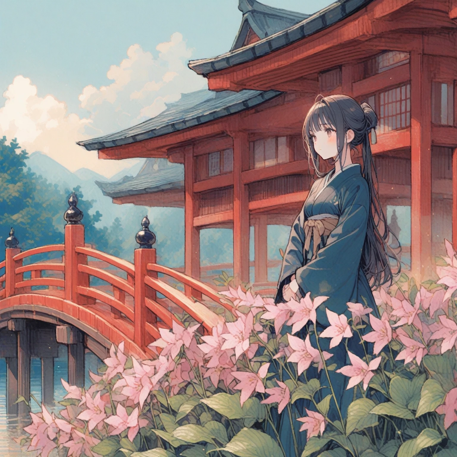 1girl、Hosta、「Sedation」、Standing quietly on the railing of a vermilion-painted wooden bridge、Heian period、hosta spp.、tegaki