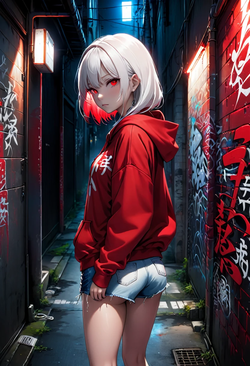 1girl, red hoodie, wearing the hood, white hair, jean shorts, dark alley, red graffiti, japanese led