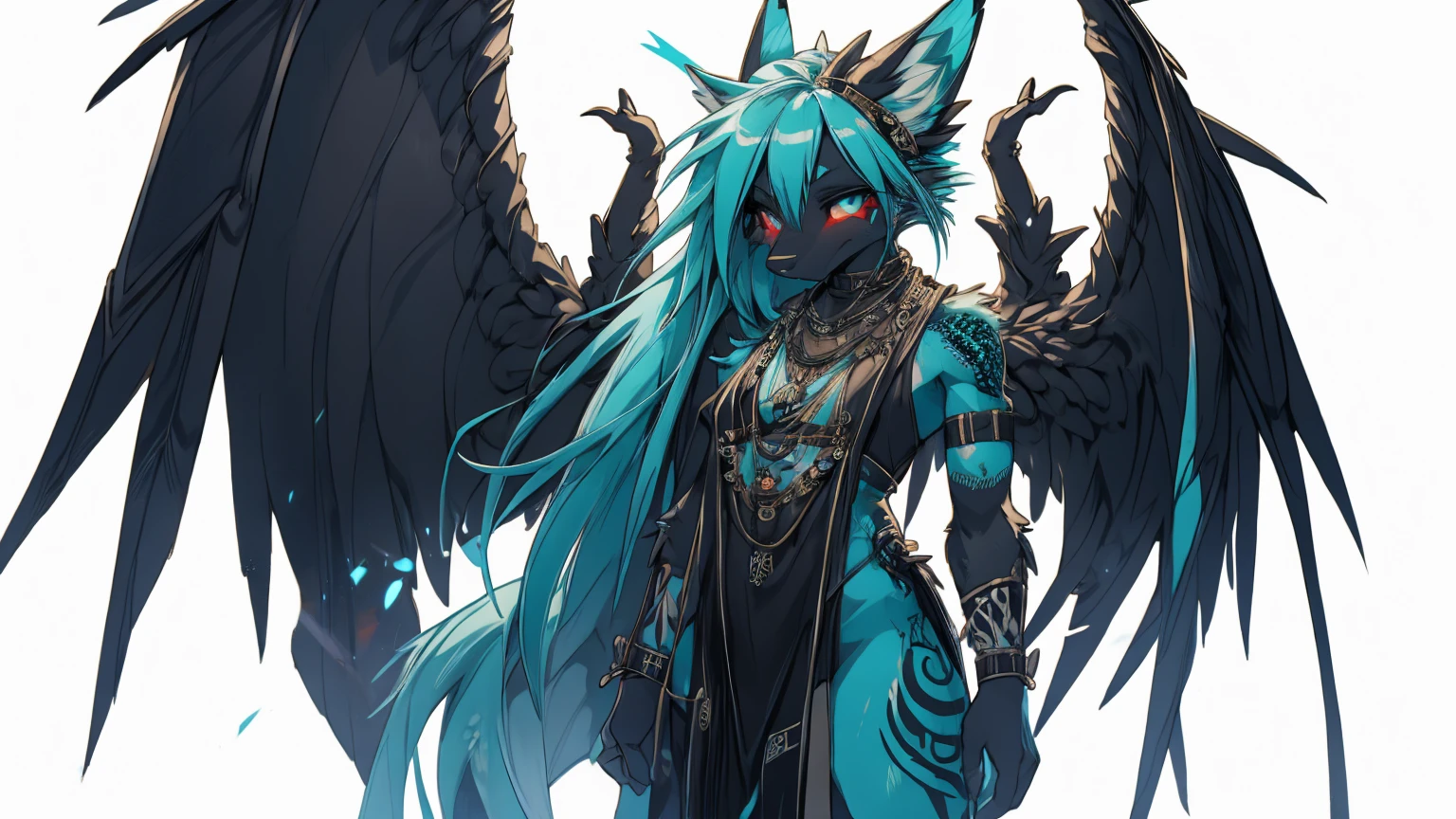 Miku Hatsune, add high definition_detail:1, blue fur,kitsune ears, tribal tattoo add_detail:1, in hell add_detail, giant black feather wings add_detail:1