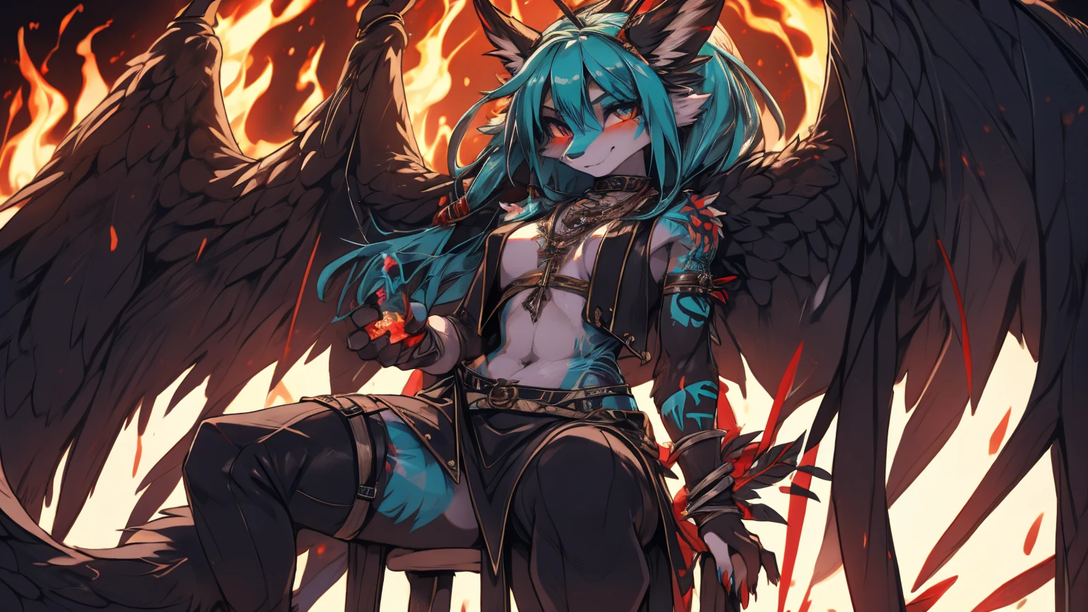 Miku Hatsune, add high definition_detail:1, blue fur,kitsune ears, tribal tattoo add_detail:1, in hell add_detail, giant black feather wings add_detail:1