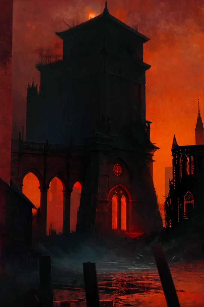 High detail painting in the style of (b3ks1nsk1:1) (fog, haze, structures, ominous, long, red, orange, sky, creature, apocalyptic, teeth, silhouette, glowing, cathedral, floating, massive, lovecraftian, cracked, dry, crumbling, nightmarish, horror, gothic:0.8), surrealist, dystopian, absurdes, 8k high definition, highest quality, masterpiece, best quality, 8k, HDR, ultra-detailed, amazing, intricate whome body 