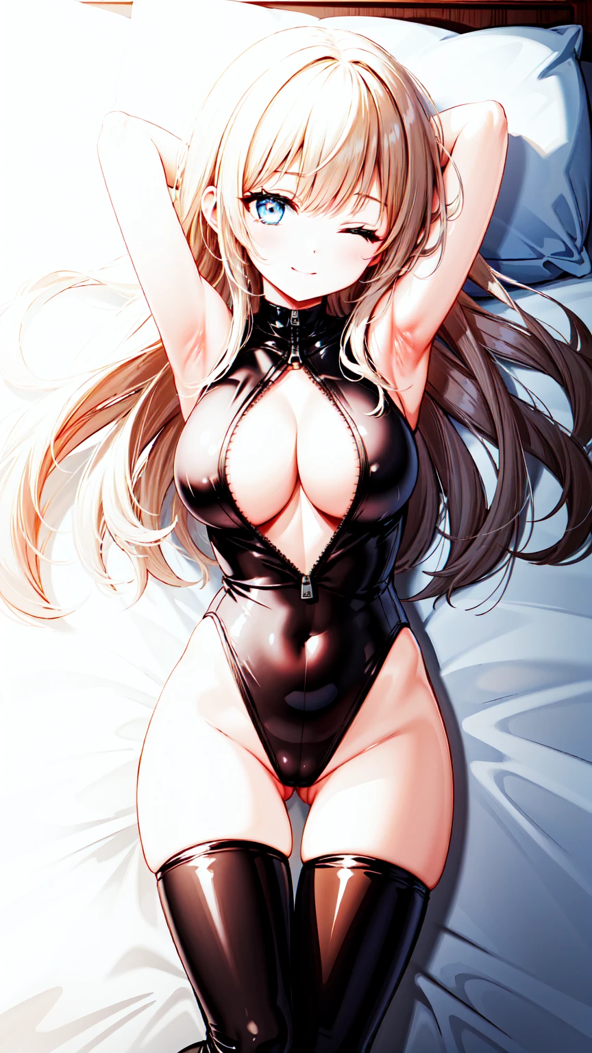 1girl, breasts, solo, long_hair, zipper, cleavage cutout, one-piece swimsuit, thighhighs, blue_eyes, looking_at_viewer, hair_ornament, large_breasts, lying, ;), one eyes closed, smile, white_hair, bangs, on_bed, arm behind head, armpits, thigh gap, v-legs, bed