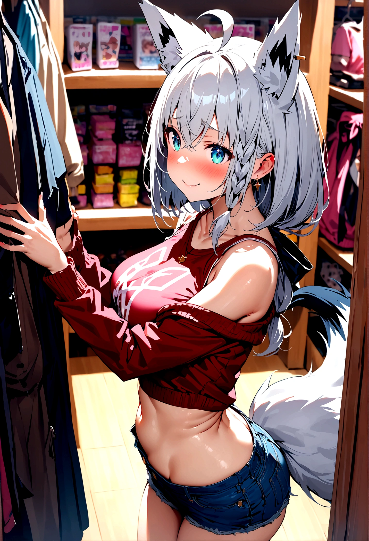 NSFW,masterpiece,Highest quality,High resolution,Super detailed,Shirakami Fubuki\(Hololive\),Gray Hair、One-sided braid、Ahoge、Earrings,Fox ears,Fox tail,Jacket,Crop top shirt,Low-rise denim shorts,Embarrassed,blush,Expecting face,Bewitching Smile,Sexy smile,(Adult Shop),(Underwear section),(Naughty shop),Cute pose,Date,(Seduce),From the side
