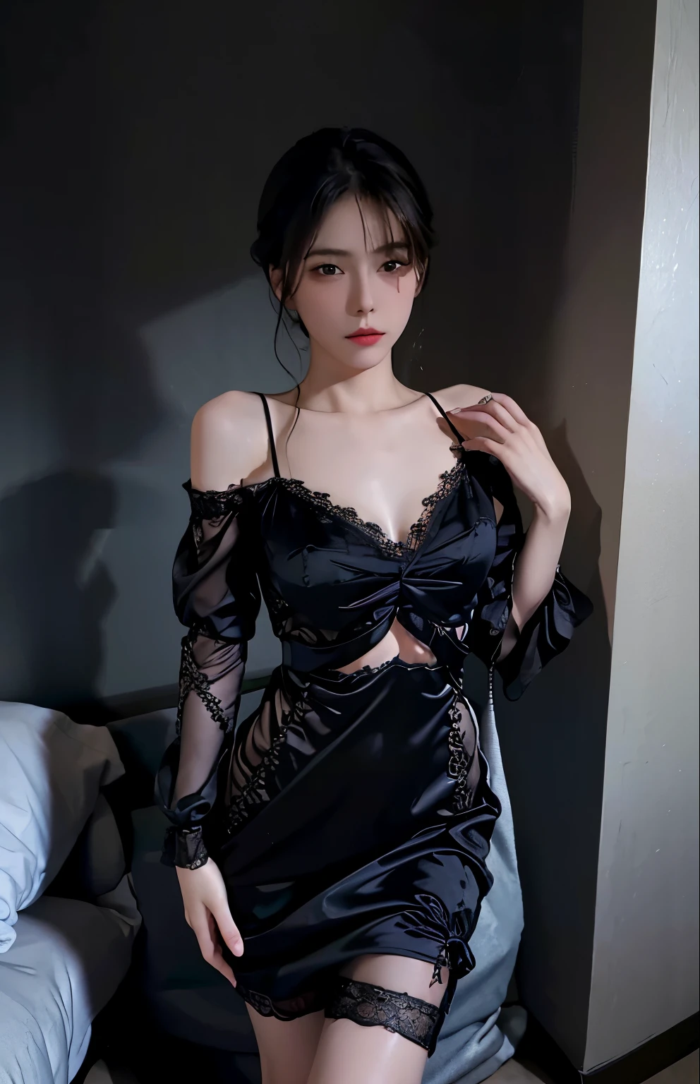 best quality, masterpiece, Ultra-high resolution, (Reality:1.4), RAW photos, 1 Girl, ((black lace nightgown)), ((Small Breasts)), Cold Light
