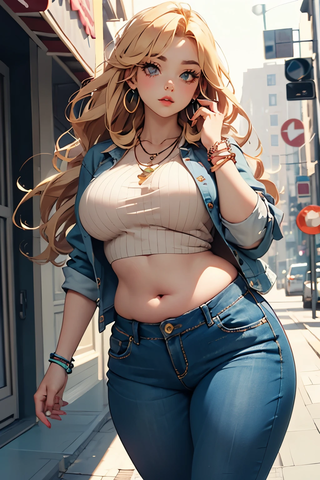 Beautiful plus size anime girl, fashion able overweight girl, pretty, large breasts, wide hips, big tummy, large stomach, cute stomach bump, fashion, outfit, cool pretty clothes, long hair, waist length hair, blonde hair, straight hair, stomach rolls, back rolls, fat, overweight, cute clothes with long shirt, low cut shirt, cool pants, jewlery, lots of accessories, long shirt, jacket, cool shirt, cool skirt, Accessories, necklace, jewelry, earrings, necklace, bracelet, rings, 