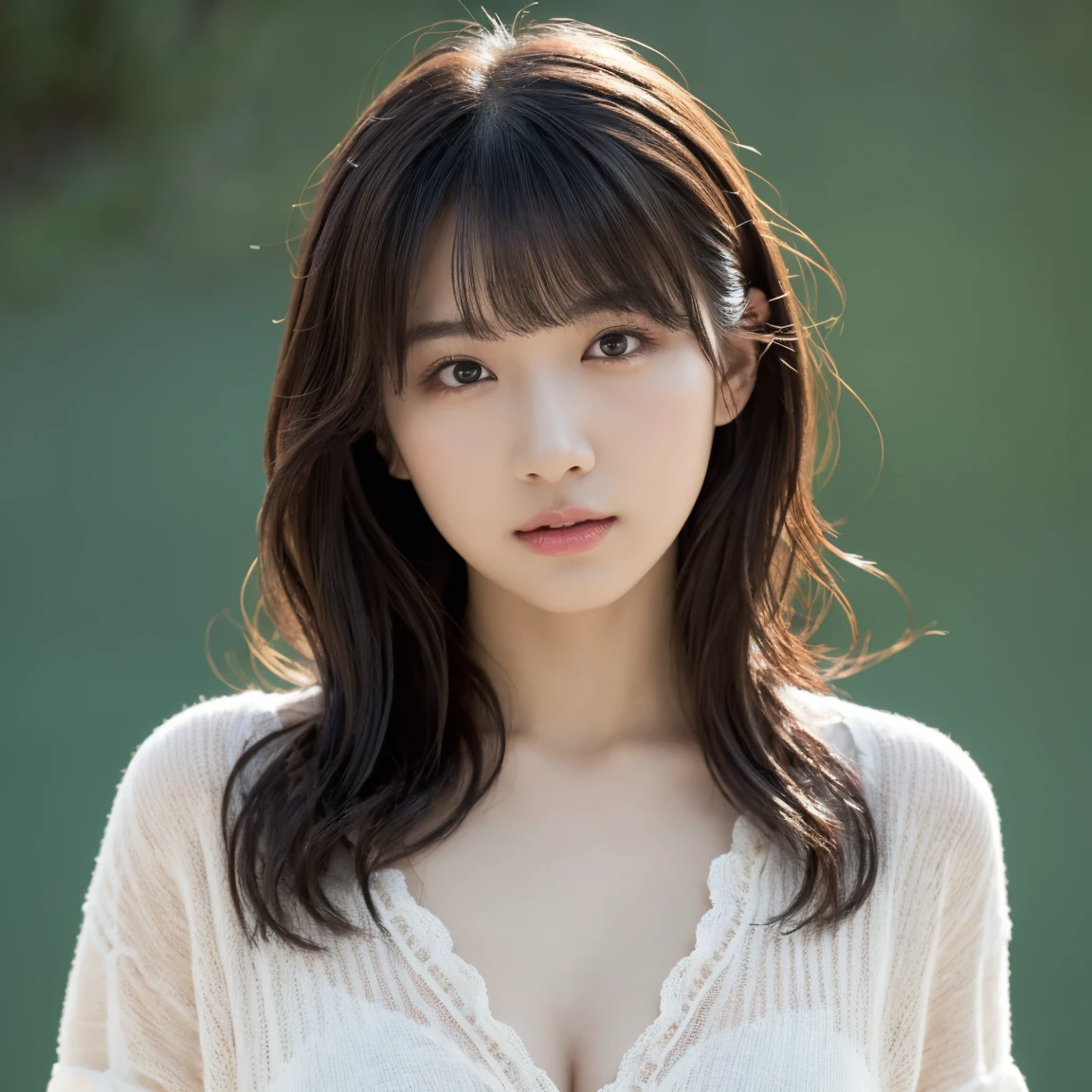 1 Girl, (Wear casual clothes in spring:1.2), Very beautiful Japanese idol portraits, 
(RAW Photos, Highest quality), (Realistic, Realistic:1.4), (masterpiece), 
Very delicate and beautiful, Very detailed, 2k wallpaper, wonderful, finely, Very detailed CG Unity 8K 壁紙, Very detailed, High resolution, Soft Light, 
Beautiful detailed girl, Very detailed目と顔, Beautiful and sophisticated nose, Big beautiful eyes, Cinema Lighting, 
(Simple light color background:1.3),
(Medium Hair), (Parted bangs), 
Complete Anatomy, Slender body,Big Breasts, Sensual look