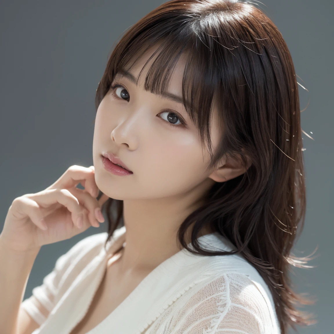 1 Girl, (Wear casual clothes in spring:1.2), Very beautiful Japanese idol portraits,
(RAW Photos, Highest quality), (Realistic, Realistic:1.4), (masterpiece),
Very delicate and beautiful, Very detailed, 2k wallpaper, wonderful, finely, Very detailed CG Unity 8K 壁紙, Very detailed, High resolution, Soft Light,
Beautiful detailed girl, Very detailed目と顔, Beautiful and sophisticated nose, Big beautiful eyes, Cinema Lighting,
(Simple light color background:1.3),
(Medium Hair), (Parted bangs),
Complete Anatomy, Slender body,Big Breasts, Sensual look