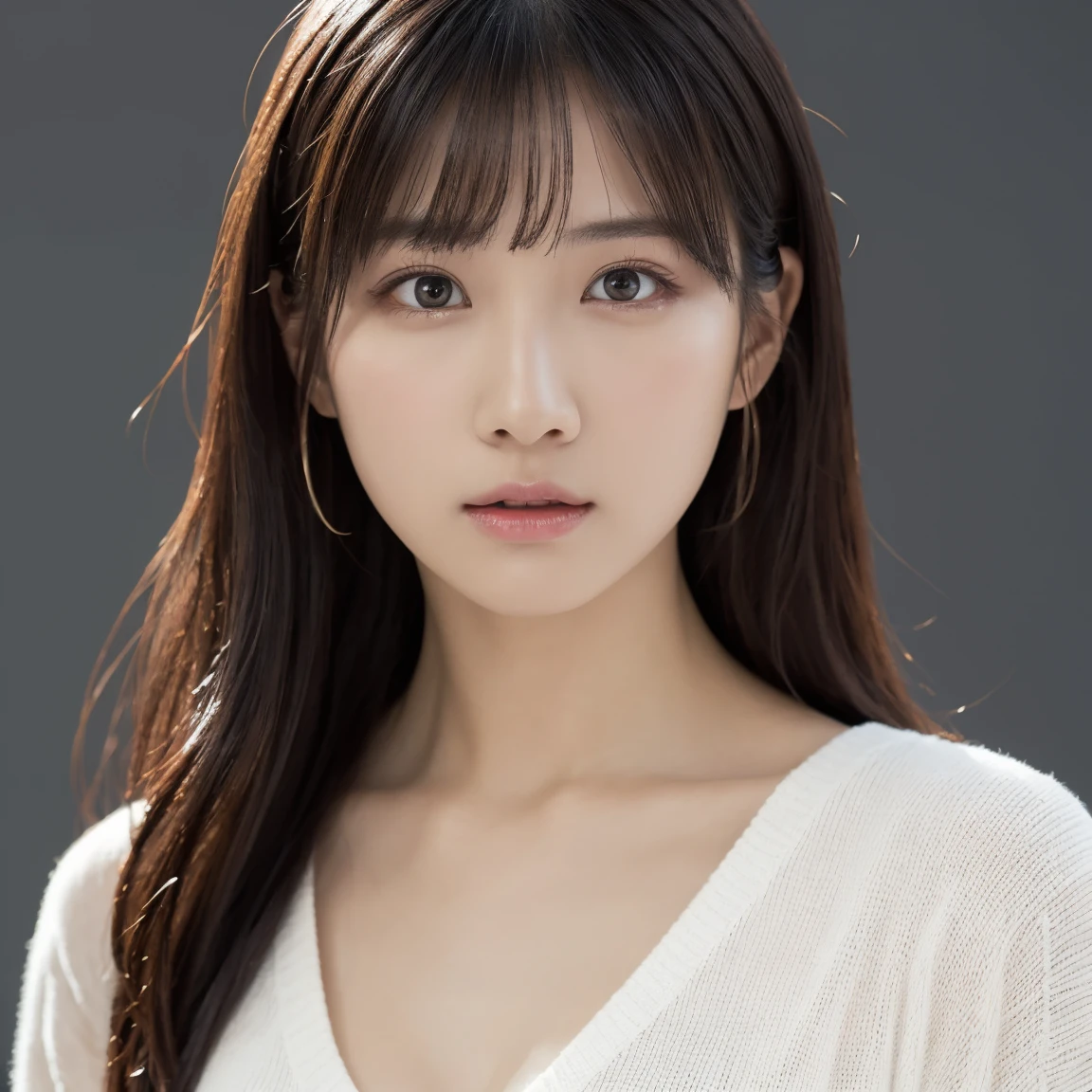 1 Girl, (Wear casual clothes in spring:1.2), Very beautiful Japanese idol portraits,
(RAW Photos, Highest quality), (Realistic, Realistic:1.4), (masterpiece),
Very delicate and beautiful, Very detailed, 2k wallpaper, wonderful, finely, Very detailed CG Unity 8K 壁紙, Very detailed, High resolution, Soft Light,
Beautiful detailed girl, Very detailed目と顔, Beautiful and sophisticated nose, Big beautiful eyes, Cinema Lighting,
(Simple light color background:1.3),
(Medium Hair), (Parted bangs),
Complete Anatomy, Slender body,Big Breasts, Sensual look