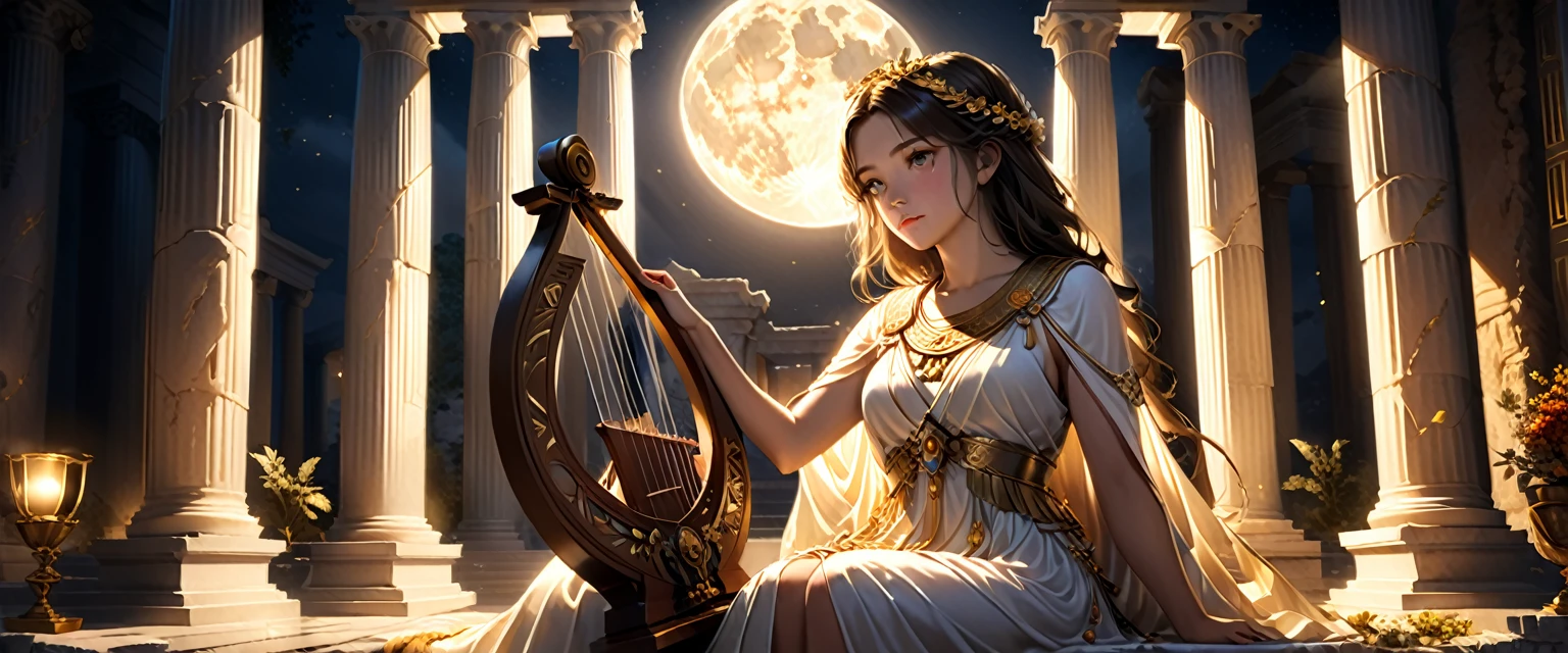 a young priestess, sitting, playing a large lyre, ancient Greek temple, late at night, inside the temple it is (dark:1.3) and there is (no lighting:1.2), the moonlight shines in at an angle, shining a faint light on her., highly detailed, photorealistic, realistic lighting, intricate architecture, ornate decorations, warm color palette, golden accents, soft fabric textures, mesmerizing expression, elegant pose, cinematic composition, natural lighting, realistic shadows, mystical atmosphere, hyperrealistic, award-winning art