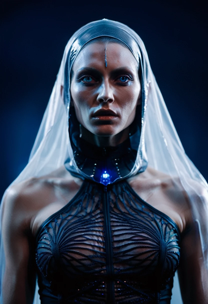 nude, orgasm,Fashionable of androgynous alien looking witch wearing veil, glowing eyes, beautiful evil slavic muscular woman, pale skin, futuristic design, minimal details, givenchy, photoreal, 200mm, hd, f/ 2.0, highly detailed, surreal , drop dead, in the style of red and blue, (intricate details, hyperdetailed:1.15) (skin texture:1.2), cinematic, professional, 4k, (((dynamic model pose))), sitting, (full body)