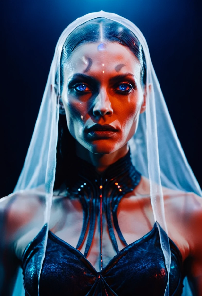 Fashionable of androgynous alien looking witch wearing veil, glowing eyes, beautiful evil slavic muscular woman, pale skin, futuristic design, minimal details, givenchy, photoreal, 200mm, hd, f/ 2.0, highly detailed, surreal , drop dead, in the style of red and blue, (intricate details, hyperdetailed:1.15) (skin texture:1.2), by Peter Hegre, photography studio,__perspective__, cinematic, professional, 4k, (((dynamic model pose))), sitting, full body, mesmerizing, dynamic, dramatic, sensual, dynamic pose, highly detailed skin with hair, subcutaneous veins, light and shadow play, highly detailed,24mm photograph, film, bokeh, professional, 4k,