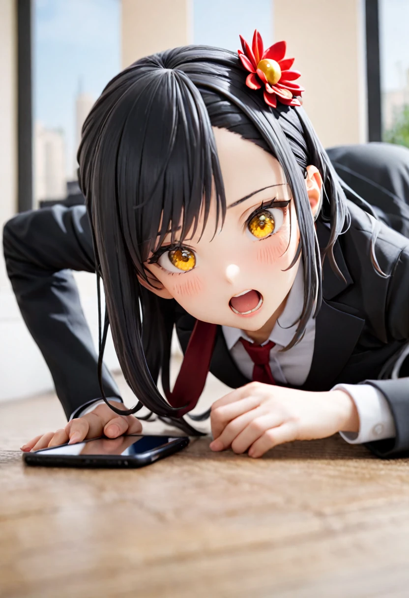One girl, tie, red tie, (((Prostration)))、 (Short black hair), Open your mouth, Yellow Eyes, Red flower hair ornament,alone,suit, Jacket, formal, shirt, Official Alternative Costumes, white shirt, black Jacket, smart phone, collared shirt,Upper Body,blazer, business suit, indoor,Long sleeve, chest, window,Blurred Background,  medium chest ,masterpiece, 最high quality, high quality,