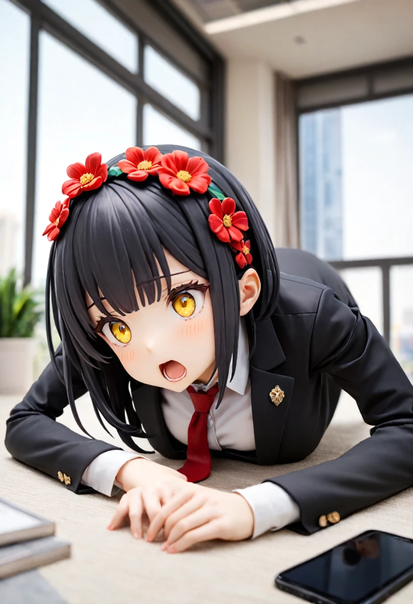 One girl, tie, red tie, (((Prostration)))、 (Short black hair), Open your mouth, Yellow Eyes, Red flower hair ornament,alone,suit, Jacket, formal, shirt, Official Alternative Costumes, white shirt, black Jacket, smart phone, collared shirt,Upper Body,blazer, business suit, indoor,Long sleeve, chest, window,Blurred Background, medium chest ,masterpiece, 最high quality, high quality,