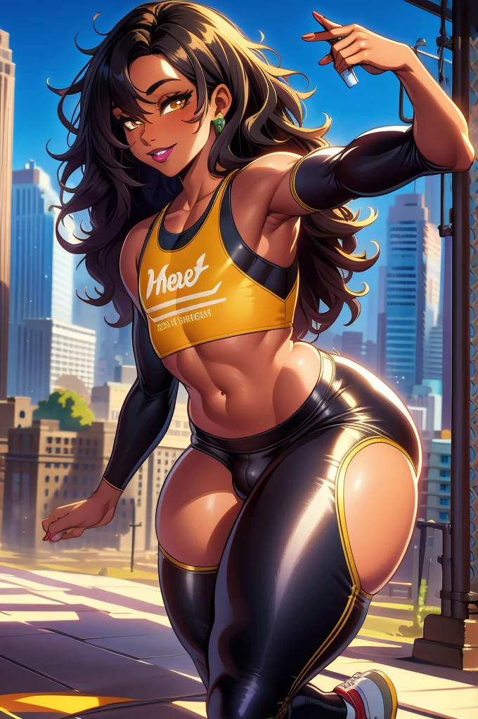 (Extremely detailed CG unity 4k wallpaper),(Masterpiece),(Best Quality),(ultra detailed),(best illustration),(best shadow),(absurdities),(detailed background) femboy, beautiful,taking a selfie, Brown eyes, Dark skin, Afro-American, Long curly black hair, yoga pants, supreme crop top, Jordan Sneakers,  thick thighs, big ass, flat chest, field full of flowers, bulk, black eyeliner, shiny gold lipstick, SMILE, new york city background,