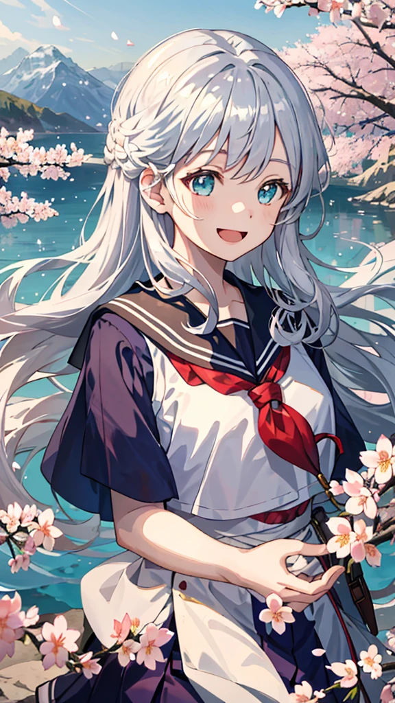 (masterpiece), landscape, Mountain horizon, Cherry blossoms, petal, Light Particles, Upper Body, 1 Girl, sailor, curls, Flowing hair, Smile, sit, open mouth, Light Particles, Silver Hair, Aqua eyes, Looking at the audience, Face Focus