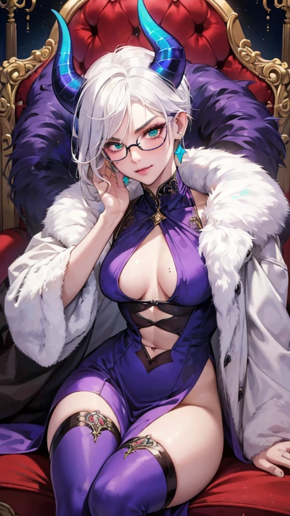 8k, masterpiece, best quality, highly detailed, 1 girl, tiefling, warlock, multicolored hair, very short straight hair green highlight hair on white hair, strippled hair, wearing glasses, round glasses, earrings, red eyeshadow, long eyelashes,navel piercing, blushed cheek, necklace, collarbone, mole, glamorous, purple and teal clothing, villainy, smirk, seductive face, close up view, rings, looking at viewer, demon horns, solo, royal dress, fur coat, palace, blue pale moon, sitting on throne