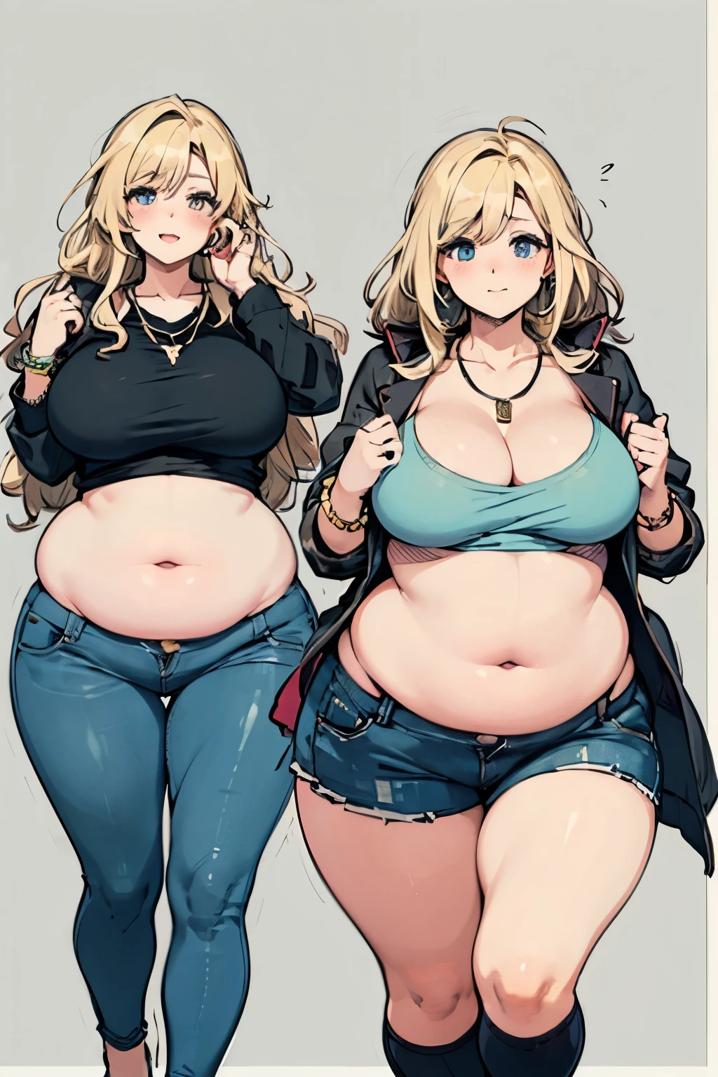 Beautiful plus size anime girl, fashion able overweight girl, pretty, large breasts, wide hips, big tummy, large stomach, cute stomach bump, fashion, outfit, cool pretty clothes, long hair, waist length hair, blonde hair, straight hair, stomach rolls, back rolls, fat, overweight, cute clothes with long shirt, low cut shirt, cool pants, jewlery, lots of accessories, long shirt, jacket, cool shirt, cool skirt, Accessories, necklace, jewelry, earrings, necklace, bracelet, rings, 