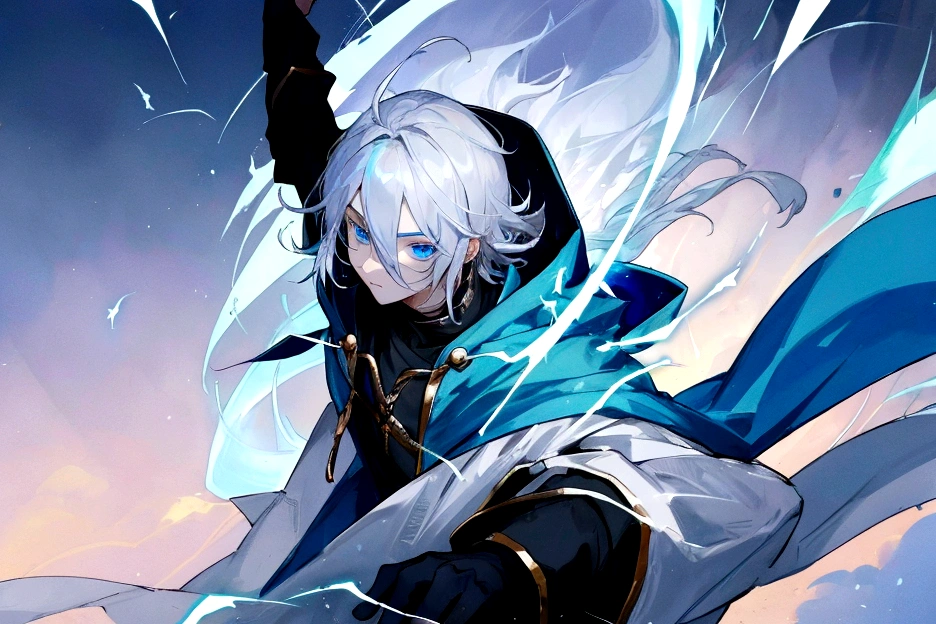 Sorcerer Divine Soul man, he has a silver hair and blue eyes, he wear a hood.