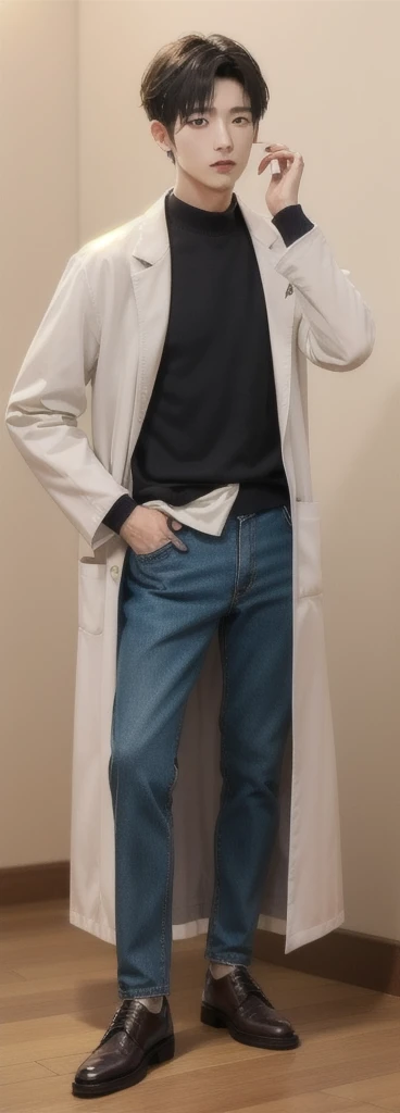 (Fair skin),(know),Iris,(gender: Natural Face),(Japanese),(leather shoes),long body,handsome young asian man, Japanese idol style, short clean-cut hair, ((center part)), white lab coat, black hoodie underneath, calm confident expression, hands in lab coat pockets, plain white background, portrait, high quality, detailed, 8K