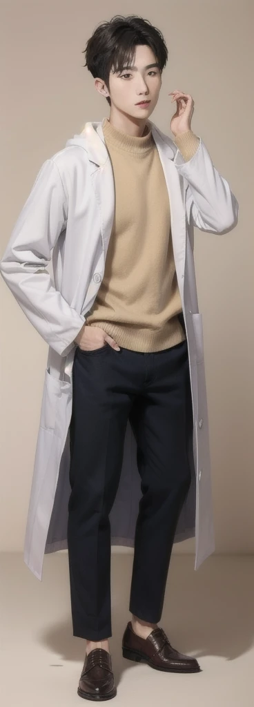 (Fair skin),(know),Iris,(gender: Natural Face),(Japanese),(leather shoes),long body,handsome young asian man, Japanese idol style, short clean-cut hair, ((center part)), white lab coat, black hoodie underneath, calm confident expression, hands in lab coat pockets, plain white background, portrait, high quality, detailed, 8K