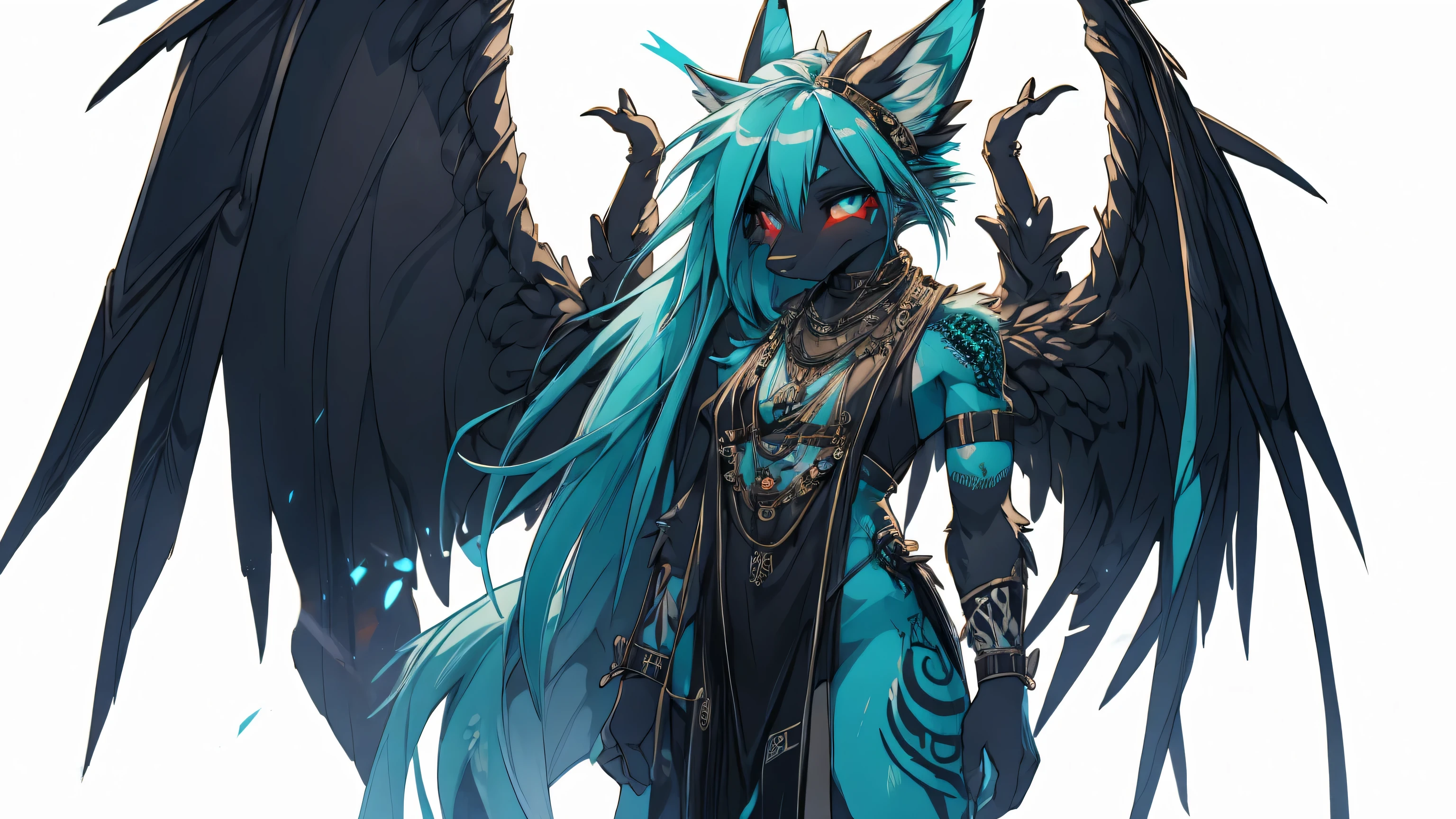 Miku Hatsune, add high definition_detail:1, blue fur,kitsune ears, tribal tattoo add_detail:1, in hell add_detail, giant black feather wings add_detail:1