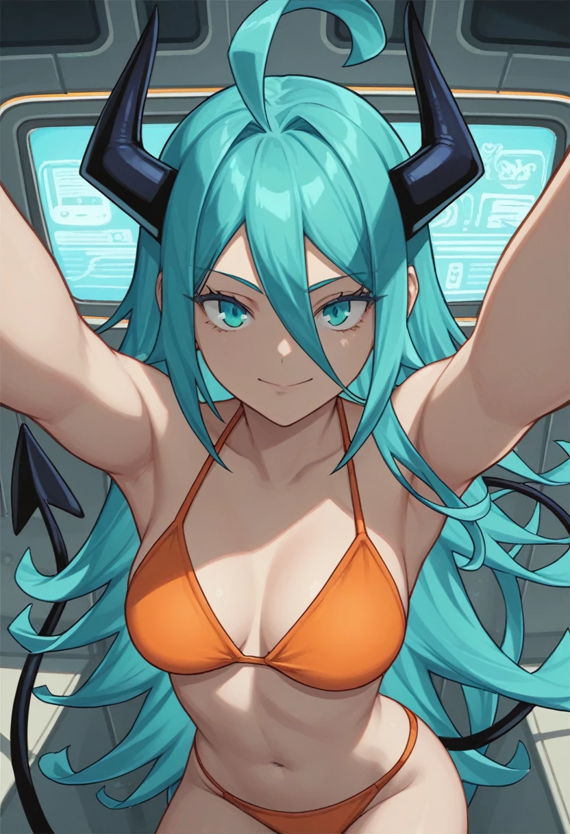 score_9, score_8_up, score_7_up,1 daemon woman, black horns, black demon tail, (aquamarine hair),aquamarine green color hair,ahoge, long hair, (long hair),bangs, light orange bikini, bikini is orange, bikini orange, orange bikini!, (aquamarine eyes), background is spaceship, aquamarine eyes, 1woman ,facing viewer, daemon girl, close up,Well-endowed, alone, Spacecraft interior, sexy pose