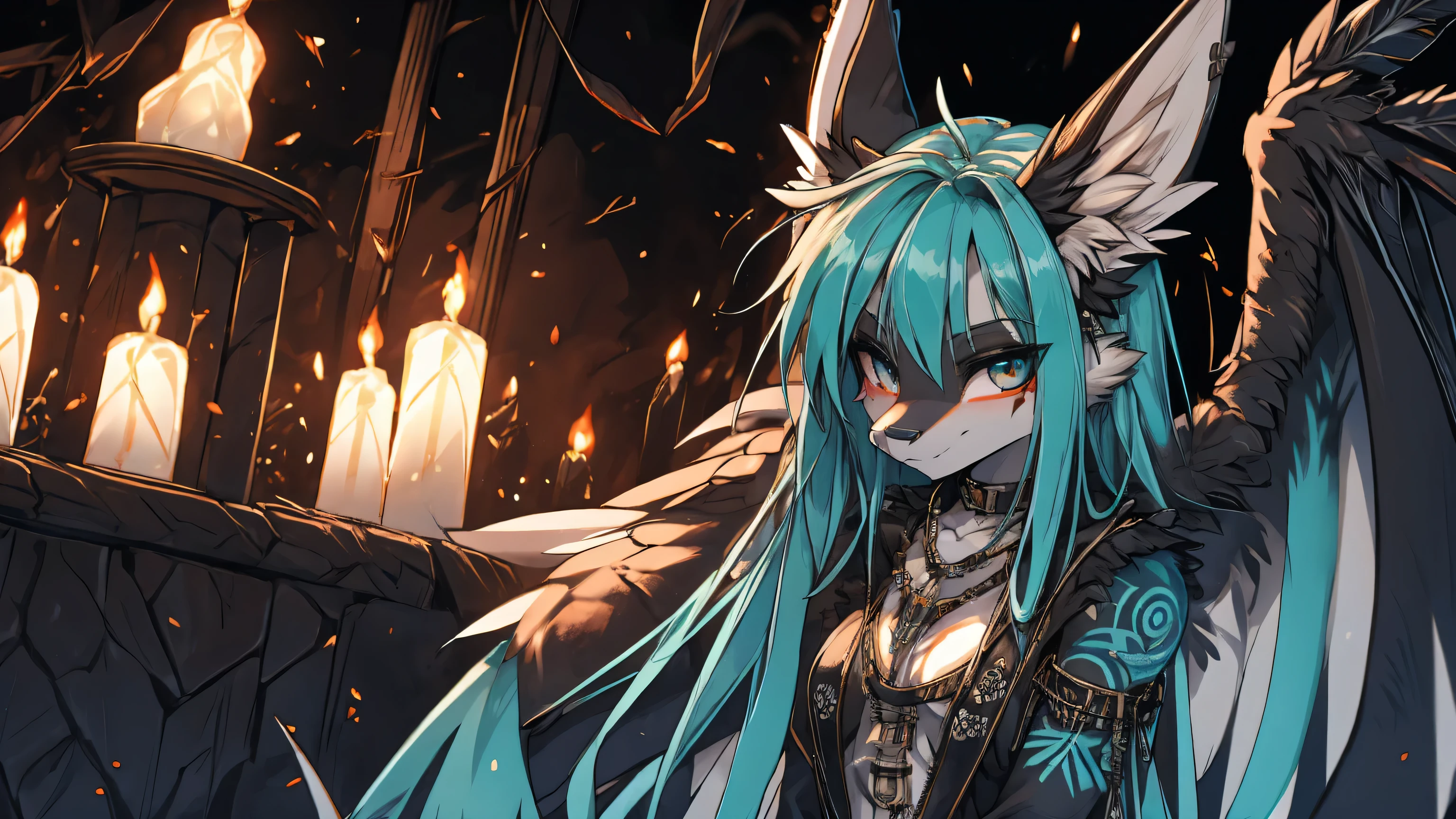 Miku Hatsune, add high definition_detail:1, blue fur,kitsune ears, tribal tattoo add_detail:1, in hell add_detail, giant black feather wings add_detail:1