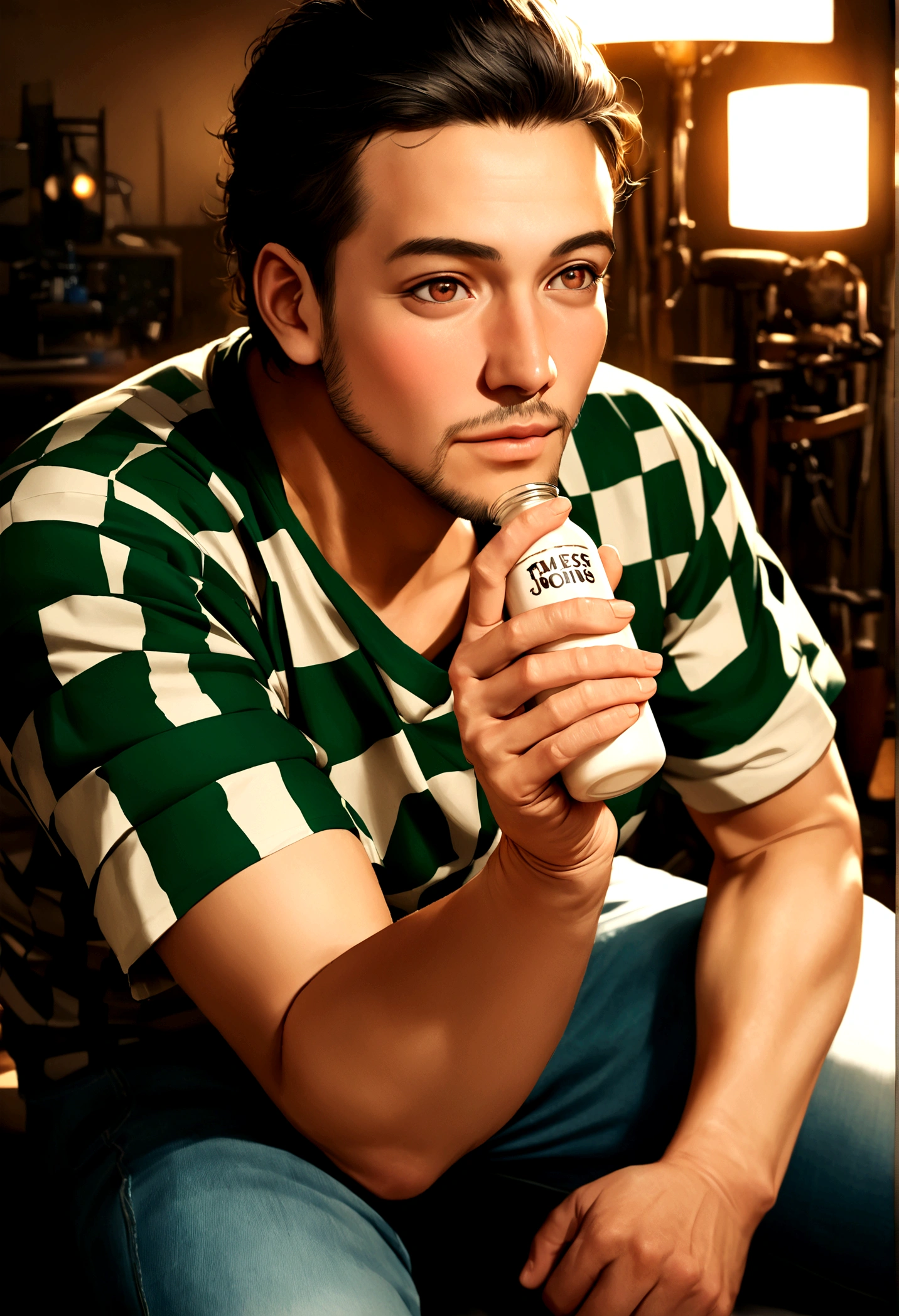 a 30 year old man, glad expression, no glasses, holding a goat milk bottle, wearing green checkered Saint John shirt and jeans, brown eyes, flawless skin, looking at the screen, detailed face, high quality, photorealistic, studio lighting, vivid colors, warm color tones, natural lighting