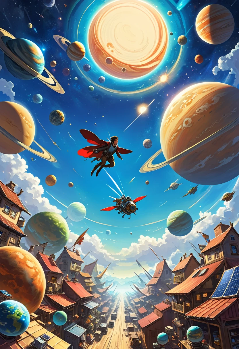 A man flies through the sky,Surrounded by a planet,A variety of goods surround it.
