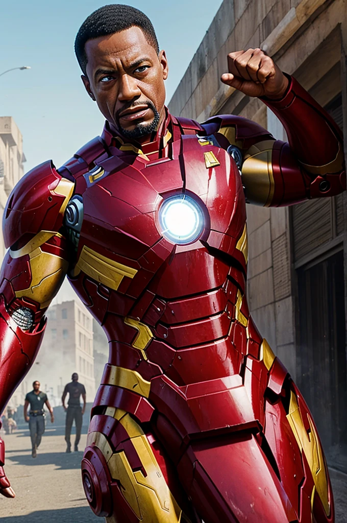 ((best quality)), ((masterpiece)), (detailed), perfect face Carl Johnson fight with iron man