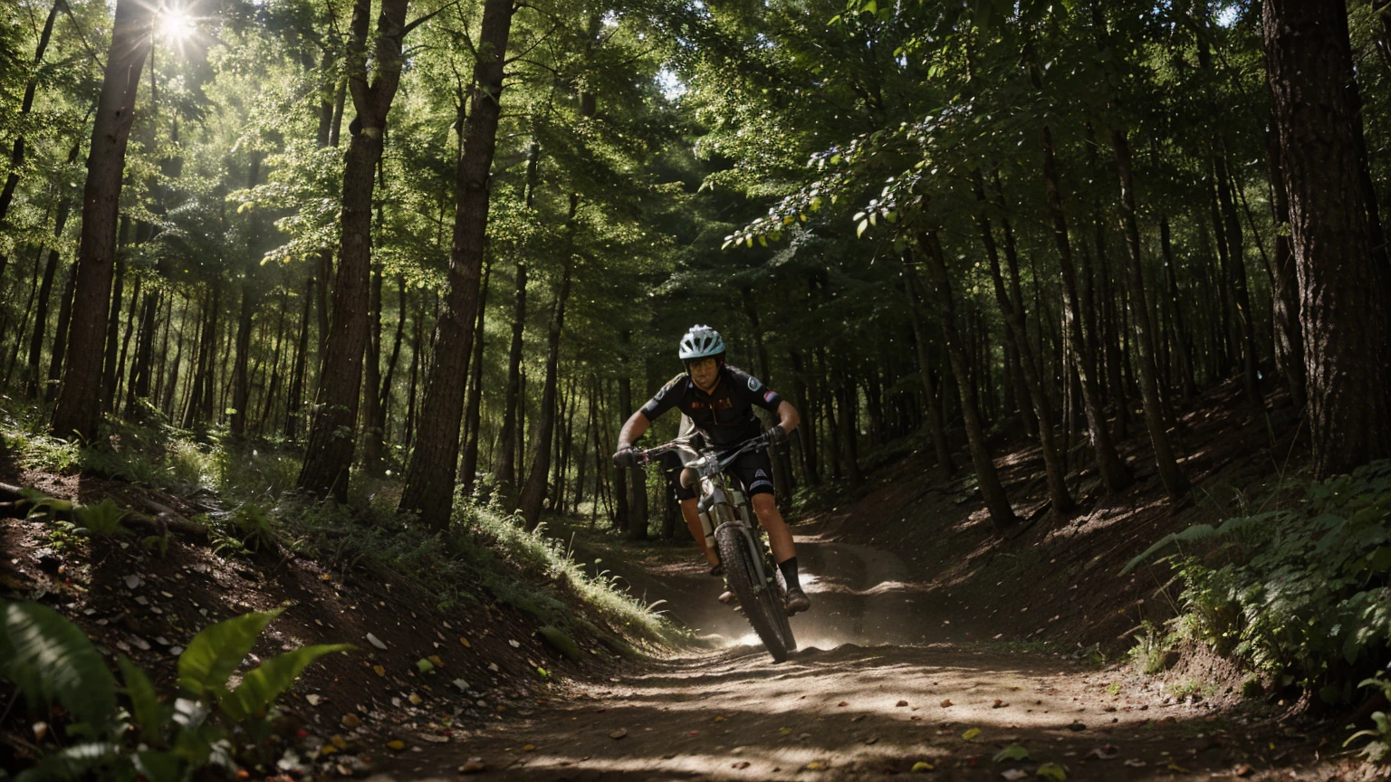 A mountain biker riding on a forest trail, wearing a helmet and protective gear. The trail winds through dense trees with dappled sunlight filtering through the leaves. The biker looks focused and adventurous, capturing the thrill of mountain biking.