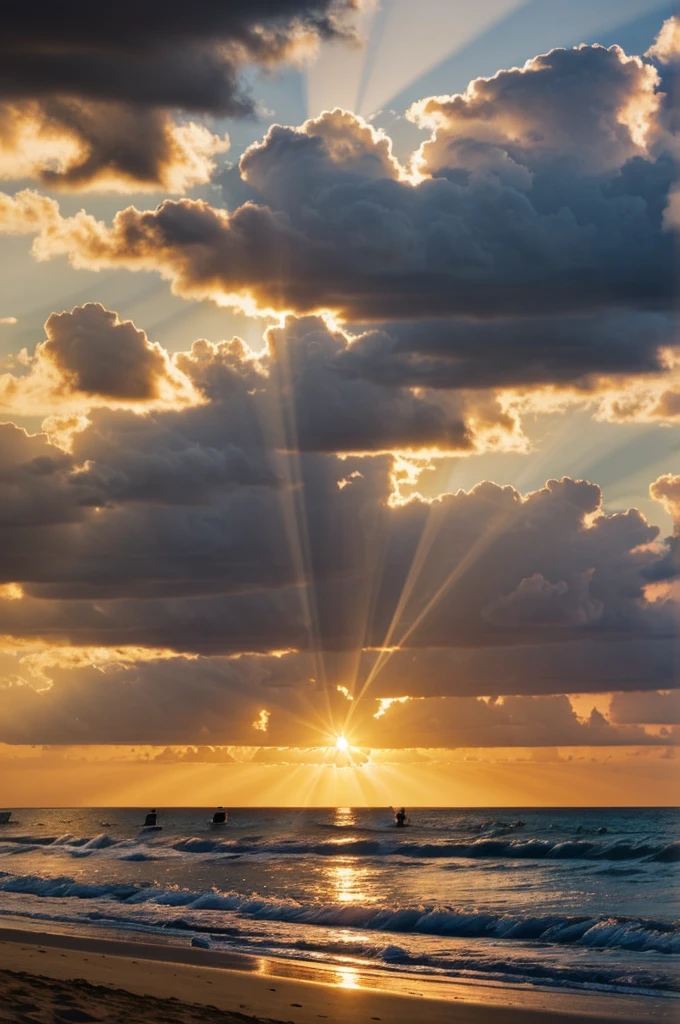 ((landscape)) ((beach at sunset)) ((sun rays between the clouds)