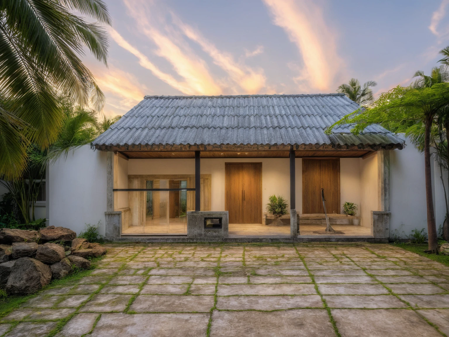 Masterpiece, high quality, best quality, realistic, super detailed, outdoor, modern house style, bietthuhn, white wall, glass door, street gate, sidewalk, grass, trees, Beautiful sky , sunrise, (day:1.1), true light