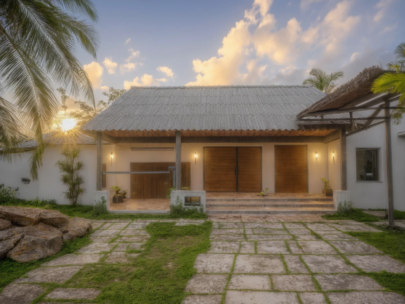 Masterpiece, high quality, best quality, realistic, super detailed, outdoor, modern house style, bietthuhn, white wall, glass door, street gate, sidewalk, grass, trees, Beautiful sky , sunrise, (day:1.1), true light