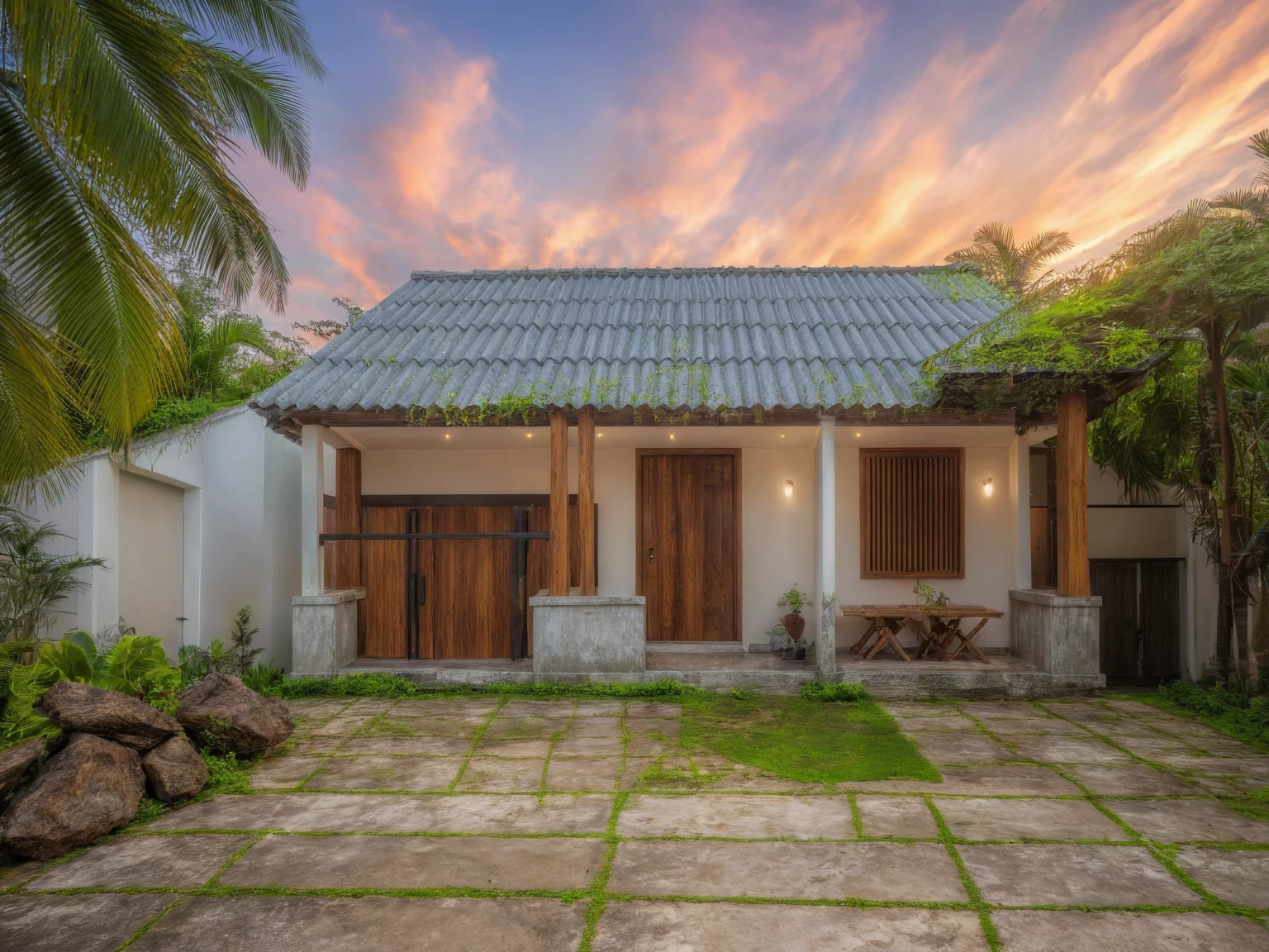 Masterpiece, high quality, best quality, realistic, super detailed, outdoor, modern house style, bietthuhn, white wall, glass door, street gate, sidewalk, grass, trees, Beautiful sky , sunrise, (day:1.1), true light