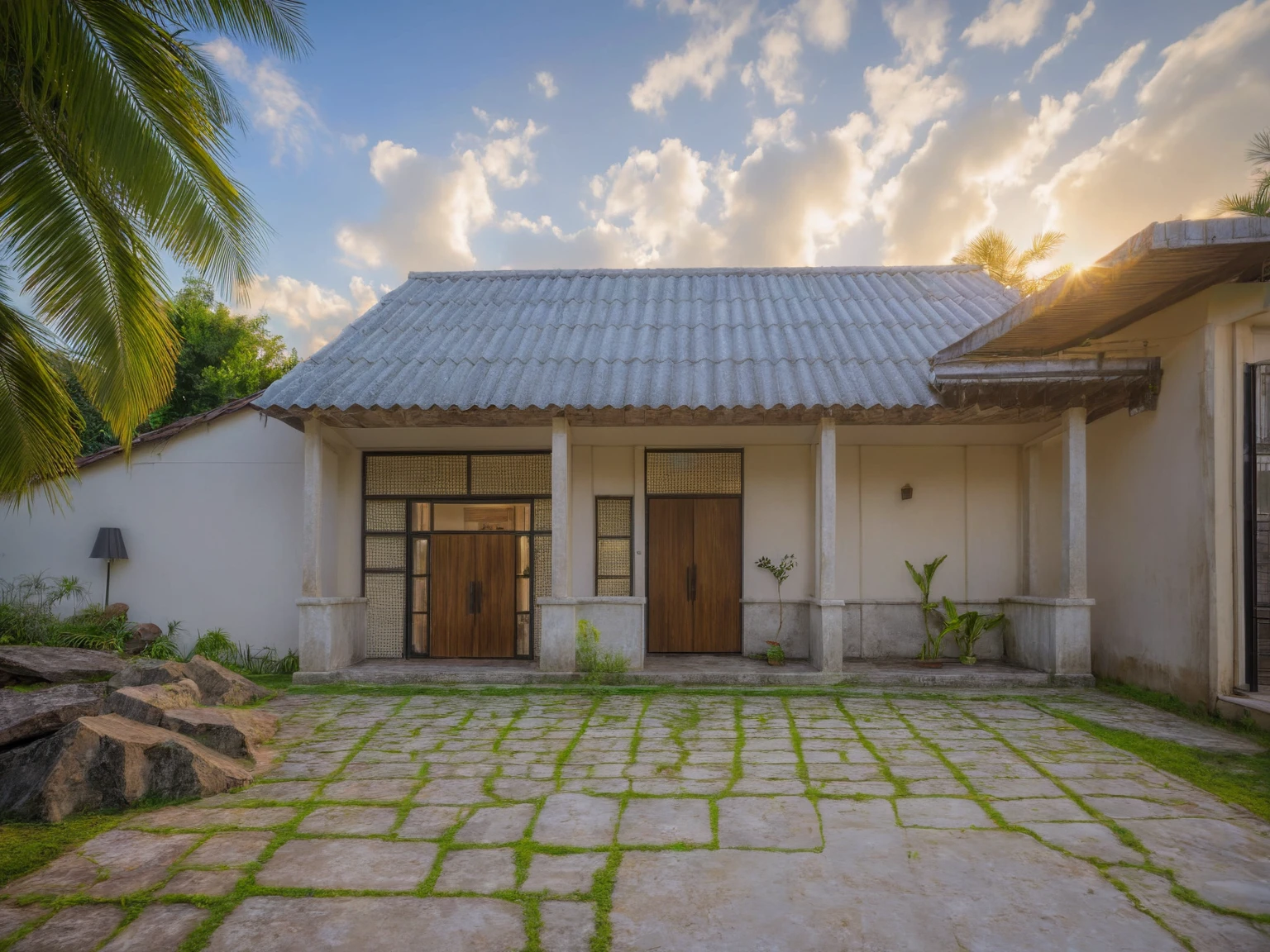 Masterpiece, high quality, best quality, realistic, super detailed, outdoor, modern house style, bietthuhn, white wall, glass door, street gate, sidewalk, grass, trees, Beautiful sky , sunrise, (day:1.1), true light