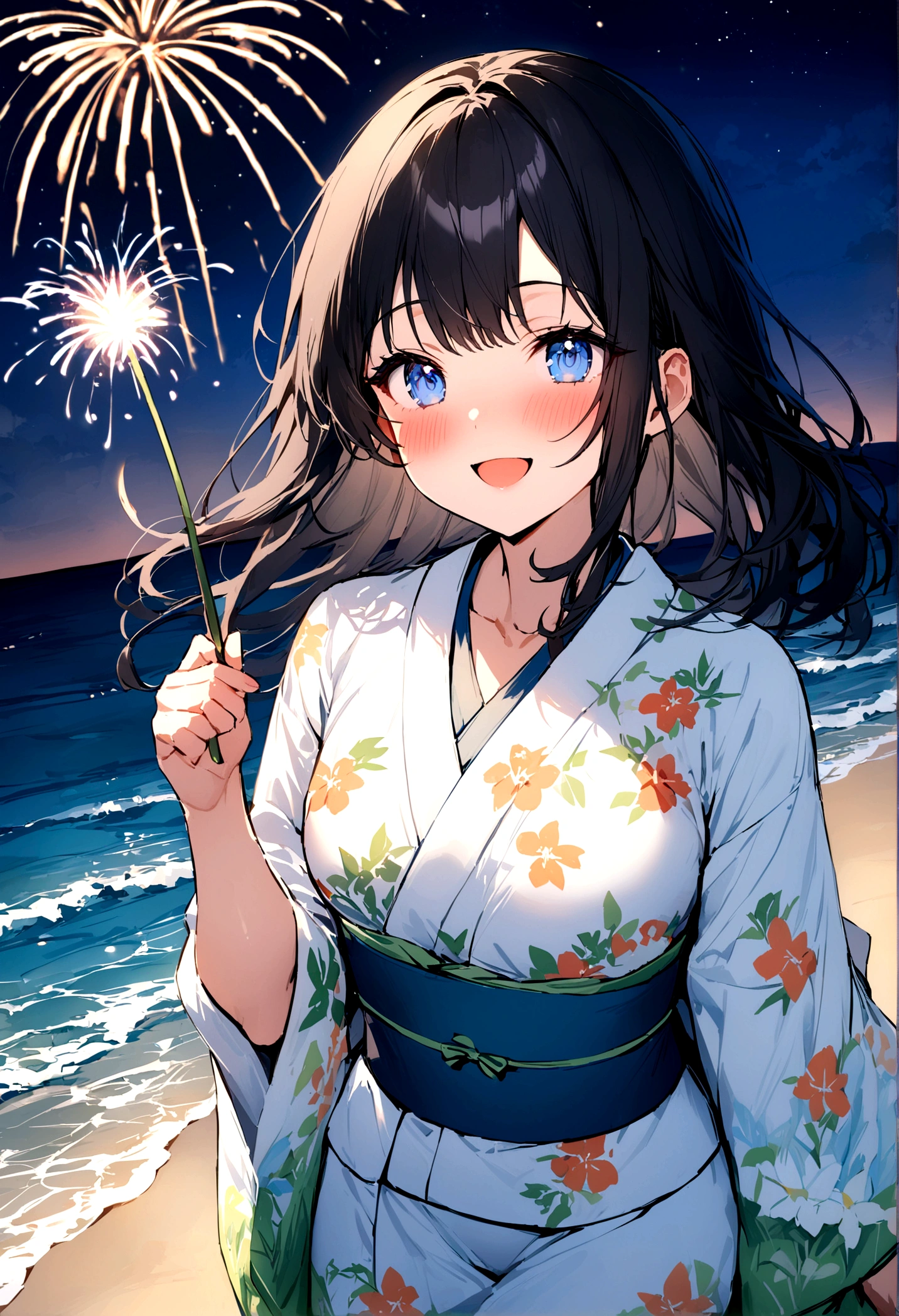masterpiece, best quality, Summer Kimono,Light-colored kimono,White-headed flower,Blue Eyes,firework, firefly,Beach, Smile, Night Sky, Black hair,((Walk by the sea)),blush