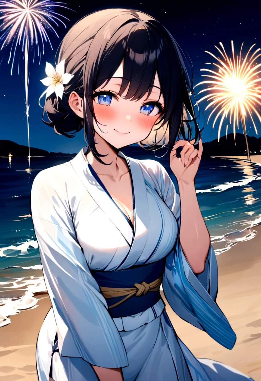 masterpiece, best quality, Summer Kimono,Light-colored kimono，White-headed flower，Blue Eyes，firework, firefly，Beach, Smile, Night Sky, Black hair，((Walk by the sea))，blush