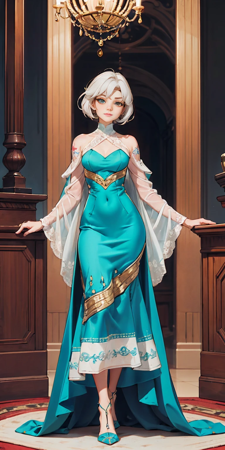 Setting: Royal bedroom - Grand, opulent, with rich fabrics and tapestries Character: Appearance: White hair - Short, styled in a sharp bob Full figure - Curvaceous Attire: High boots - Leather, reaching up the calves Elegant outfit - Befitting the royal setting (consider a dress, gown, or ensemble) Red tattoo - Delicate design on the navel Face - A confident smirk plays on her lips, eyes sparkling with amusement Pose: Full body - Standing tall Hands - Resting on hips in a commanding posture Additional details: (add to the background a four-poster bed, a plush rug, ornate furniture)