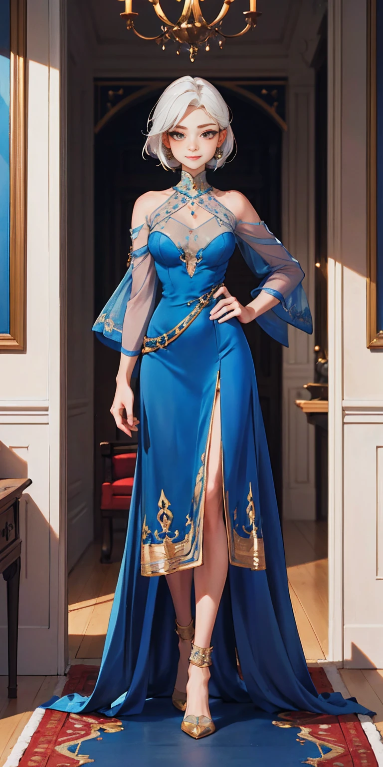 Setting: Royal bedroom - Grand, opulent, with rich fabrics and tapestries Character: Appearance: White hair - Short, styled in a sharp bob Full figure - Curvaceous Attire: High boots - Leather, reaching up the calves Elegant outfit - Befitting the royal setting (consider a dress, gown, or ensemble) Red tattoo - Delicate design on the navel Face - A confident smirk plays on her lips, eyes sparkling with amusement Pose: Full body - Standing tall Hands - Resting on hips in a commanding posture Additional details: (add to the background a four-poster bed, a plush rug, ornate furniture)