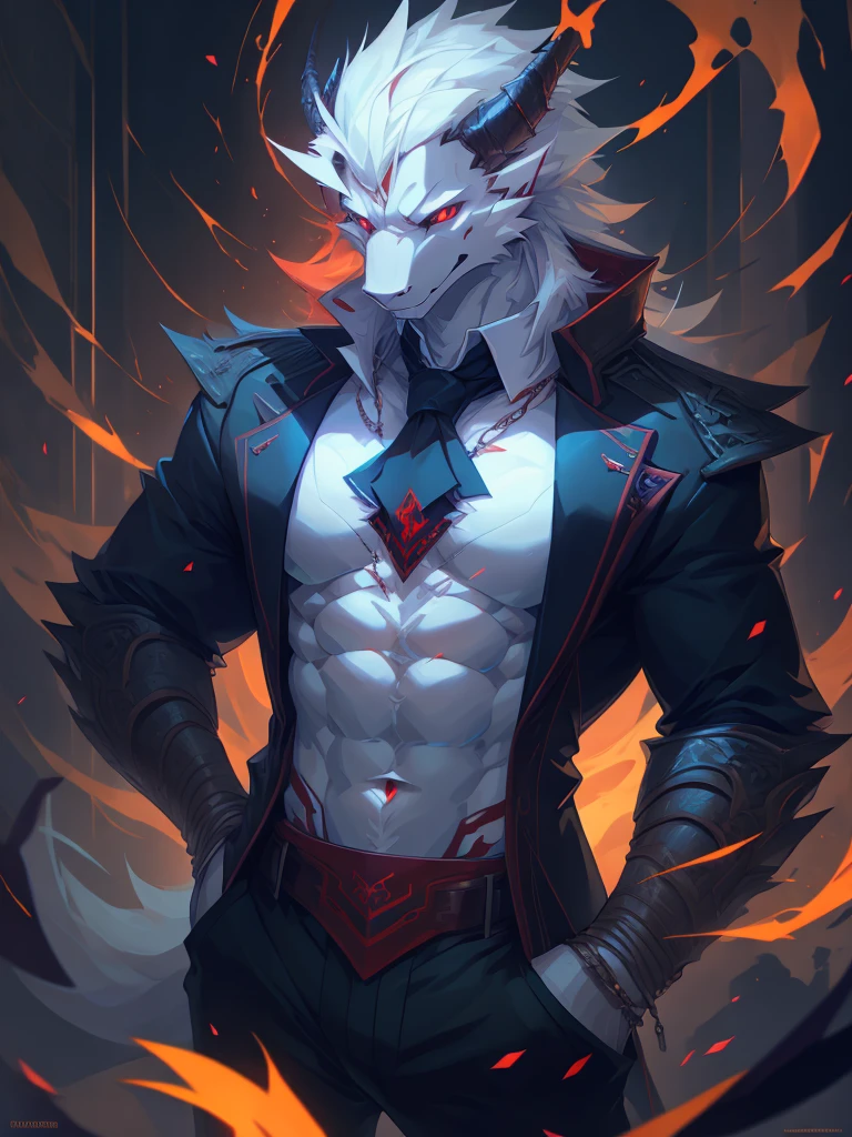 male, furry, Dragon anthro, solo, white fur, Red eyes, (Realistic eye details 1.2), business suit wear, V0id3nergy, abs, Masterpiece, dramatic lighting, soft lighting, day, highly detail, Hair coiled