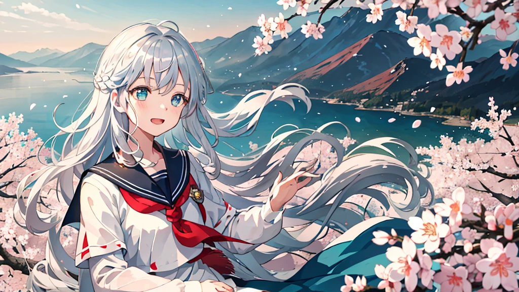 (masterpiece), landscape, Mountain horizon, Cherry blossoms, petal, Light Particles, Upper Body, 1 Girl, sailor, curls, Flowing hair, A faint smile, sit, open mouth, Light Particles, Silver Hair, Aqua eyes, Looking at the audience, Face Focus