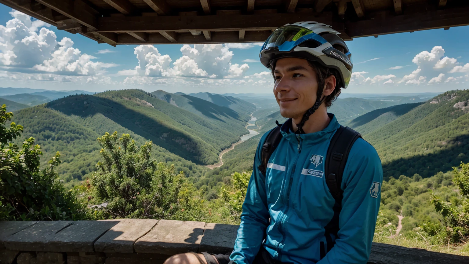 A mountain biker resting at a scenic overlook, helmet off, enjoying the view of a vast forested landscape below. The sense of accomplishment and connection with nature is evident. The sky is bright with a few clouds, and the biker looks content and relaxed.