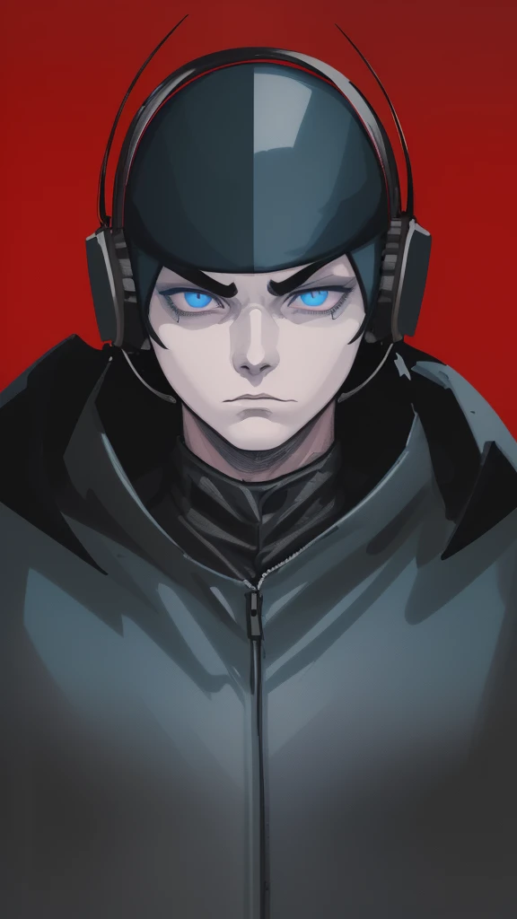 1 man in a balaclava mask, almond eyes, light blue eyes, thick and furrowed black eyebrows, pale skin, intimidating look, hooded military jacket, military headphones, bright red background, old military clothing, 2D illustration style, detailed face, dramatic lighting, cinematic, masterpiece, high resolution, 8k, best quality